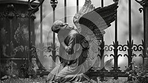 A somber angel kneels in front of a cemetery gate a symbol of their duty to watch over the departed