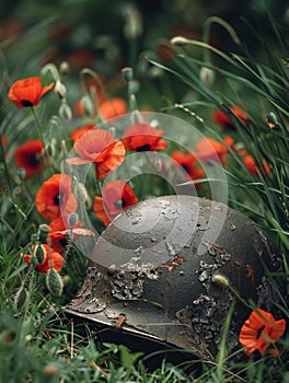 In this somber composition, a battle-scarred helmet, etched with the wear of war, nestles among fresh poppies, blending