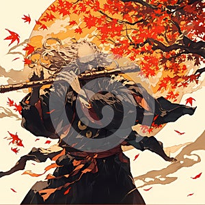 Somber Monk in Autumn Blossoms