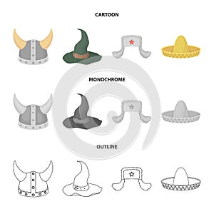 Sombrero, hat with ear-flaps, helmet of the viking.Hats set collection icons in cartoon,outline,monochrome style vector