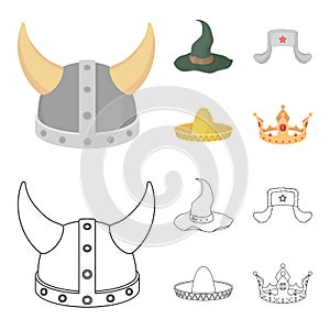 Sombrero, hat with ear-flaps, helmet of the viking.Hats set collection icons in cartoon,outline style vector symbol