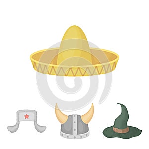 Sombrero, hat with ear-flaps, helmet of the viking.Hats set collection icons in cartoon style vector symbol stock