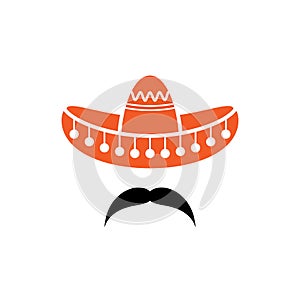 Sombrero, Mexican hat with mustache black icon. Flat logo isolated on white. vector illustration.