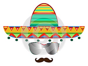 Sombrero and mustache with sun glasses icon template, isolated