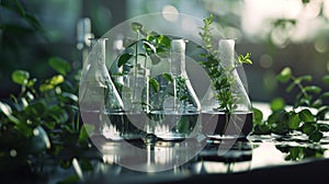 some beakers with plants growing in the water