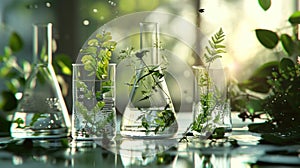 some beakers with plants growing in the water