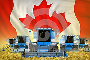 Some blue farming combine harvesters on rye field with Canada flag background - front view, stop starving concept - industrial 3D