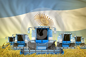 Some blue farming combine harvesters on wheat field with Argentina flag background - front view, stop starving concept -