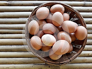 Some chicken eggs in the bamboo basket