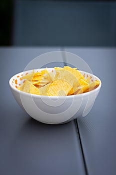 Some chips under a white bowl