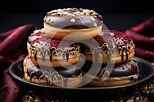some chocolate covered donuts are on a metal plate with drizzles