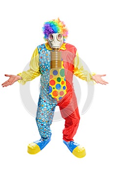 Some clownwearing a gas mask