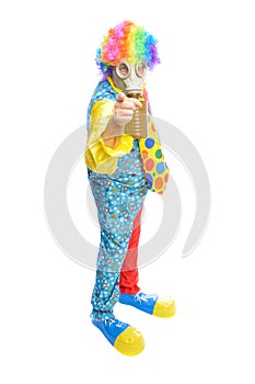 Some clownwearing a gas mask