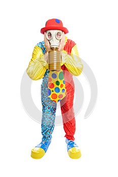 Some clownwearing a gas mask