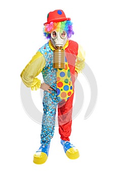 Some clownwearing a gas mask