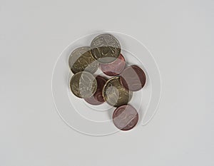 Some coins with closeup on bright background european money photo