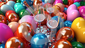 Some colorful balloons and champagne glasses. Concept Christmas and New Year holidays background. Generative AI