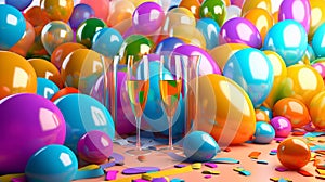 Some colorful balloons and champagne glasses. Concept Christmas and New Year holidays background. Generative AI