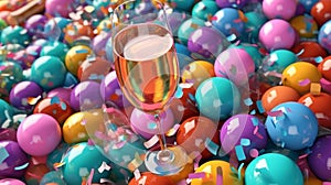 Some colorful balloons and champagne glasses. Concept Christmas and New Year holidays background. Generative AI