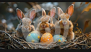 some colorful easter eggs and bunnies at a small nest, in the style of hyperrealism and photorealism, photorealistic