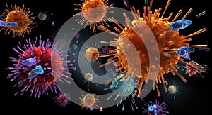 some coronavirus, cells and bacteria are shown