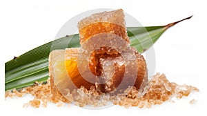 Some cube of brown sugar on isolated on white background copy space. Product presentation studio shot