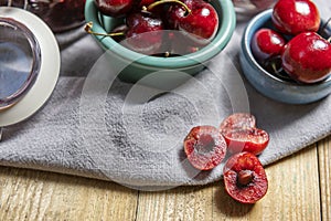 some delicious ripe cherries on a gray cloth