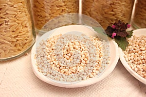 Some dried pearl barley in a bowl