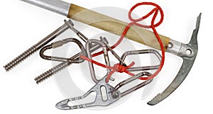 Some equipment for mountain climbing on a white background