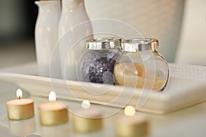 Some essentials to combat stress. Closeup shot of various pampering essentials in a spa.