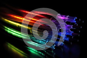 Some fibre optic cables glowing at the end in different colors against a black background created with generative AI technology