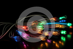 Some fibre optic cables glowing at the end in different colors against a black background created with generative AI technology