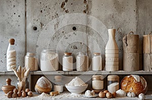 some flours and other baking items stacked on a concrete background