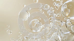 Some foundation molecules, clear glossy bubbles, light beige clear bubbles light beige background, close-ups