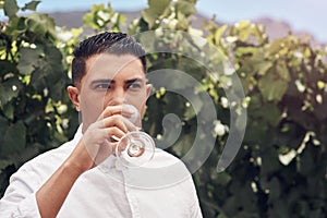 Some fresh air and wine is all you need. a handsome young man having a glass of wine on a vineyard.