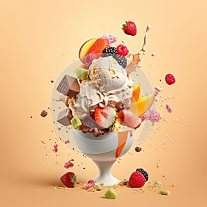 some fruit slices ice cream cream chocolate and candies in a white cup