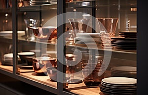 some lights illuminate dishes on display in a cabinet