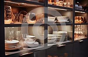 some lights illuminate dishes on display in a cabinet