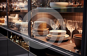 some lights illuminate dishes on display in a cabinet