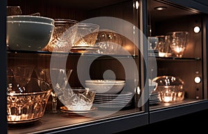 some lights illuminate dishes on display in a cabinet