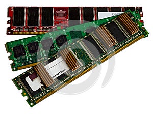 Some modules DDR RAM memory computer on white background.