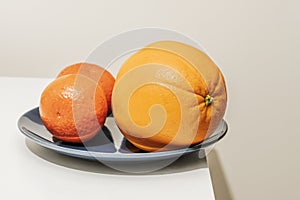 Some pieces of citrus fruits on a blue porcelain plate