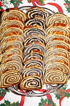 Some pieces of traditional hungarian cake poppy rolls beigli