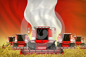 some red farming combine harvesters on farm field with Peru flag background - front view, stop starving concept - industrial 3D