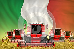 Some red farming combine harvesters on wheat field with Italy flag background - front view, stop starving concept - industrial 3D