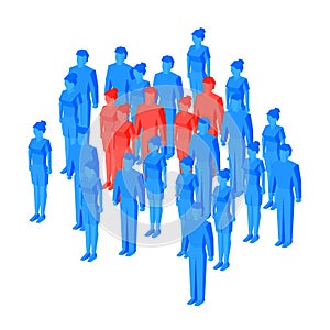 Some red isometric people standing among blue crowd