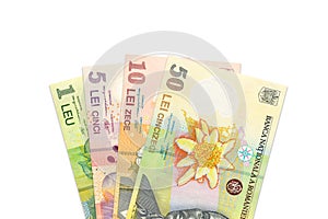 Some romanian leu banknotes indicating growing economics with copyspace