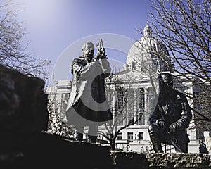 Some sculptures in the background of the Missouri State Capitol in Jefferson City.