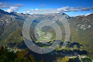 Some small towns near Lago di Ledro and their surrounding mountains. Fantastic view from Monte Corno. Trentino, Italy