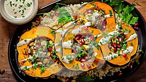 a plate of stuffed squash with rice and toppings photo